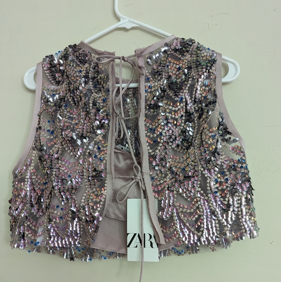 ZARA SEQUIN TOP MULTICOLOR PINK BEIGE NWT XS,L - Picture 7 of 7
